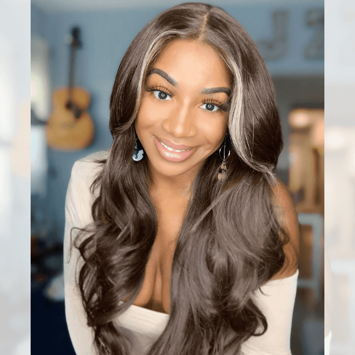 SZC Platinum Blonde Skunk Stripe Brown HD Lace Front Virgin Human Hair Wig