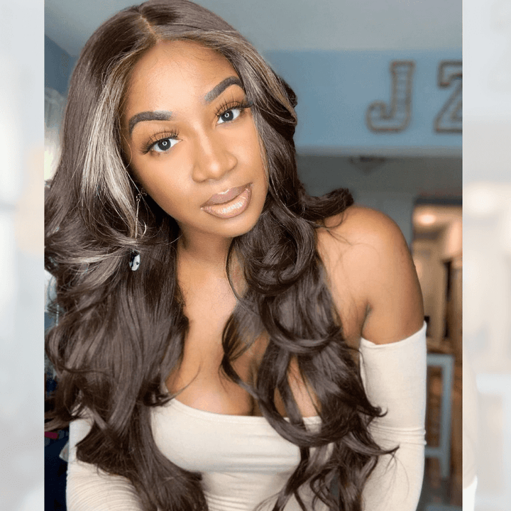 SZC Platinum Blonde Skunk Stripe Brown HD Lace Front Virgin Human Hair Wig