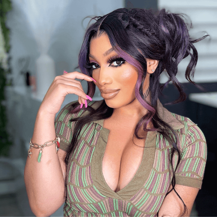 SZC Purple Skunk Stripe Body Wave Ear to Ear Lace Front Human Hair Wig
