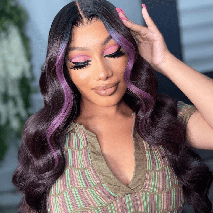 SZC Purple Skunk Stripe Body Wave Ear to Ear Lace Front Human Hair Wig