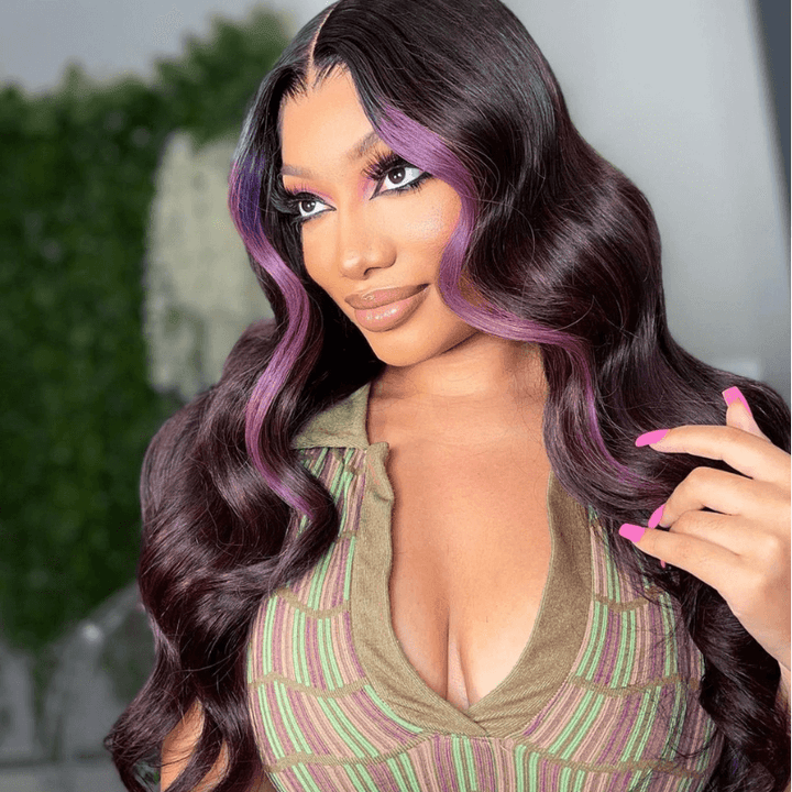 SZC Purple Skunk Stripe Body Wave Ear to Ear Lace Front Human Hair Wig