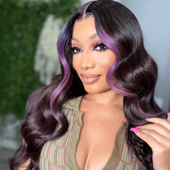 SZC Purple Skunk Stripe Body Wave Ear to Ear Lace Front Human Hair Wig