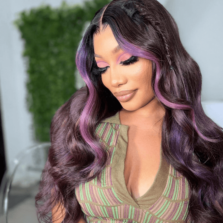SZC Purple Skunk Stripe Body Wave Ear to Ear Lace Front Human Hair Wig