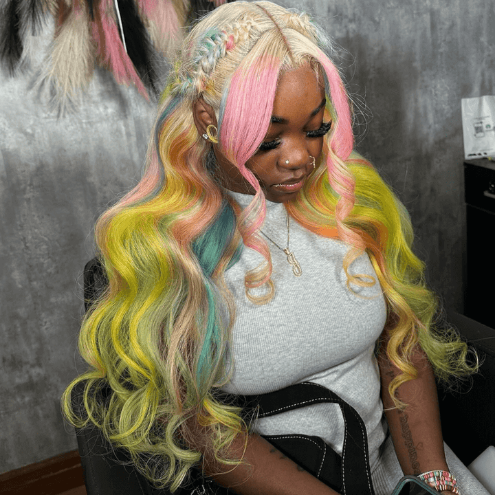 SZC Rainbow Multi Color Pink Yellow Blue Green Ginger Human Hair Wigs