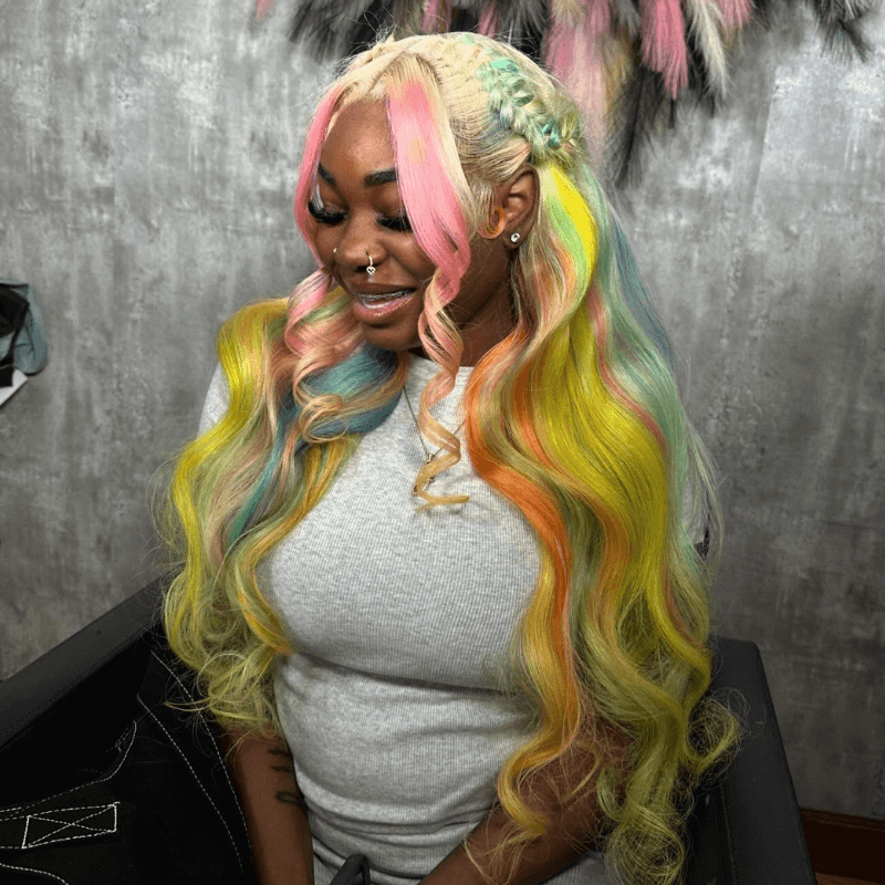 SZC Rainbow Multi Color Pink Yellow Blue Green Ginger Human Hair Wigs