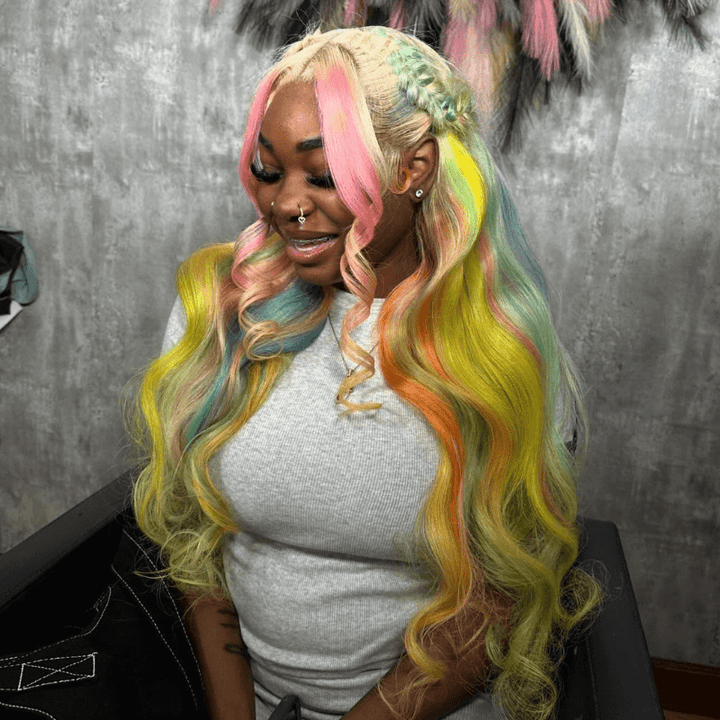 SZC Rainbow Multi Color Pink Yellow Blue Green Ginger Human Hair Wigs