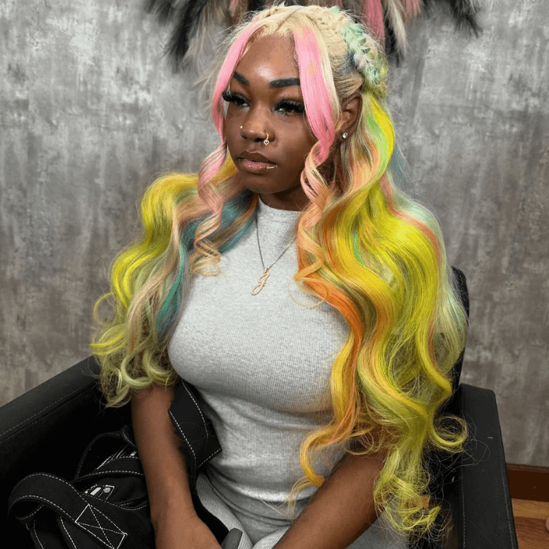 SZC Rainbow Multi Color Pink Yellow Blue Green Ginger Human Hair Wigs