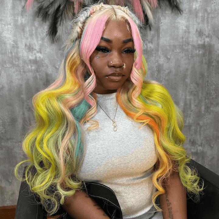 SZC Rainbow Multi Color Pink Yellow Blue Green Ginger Human Hair Wigs