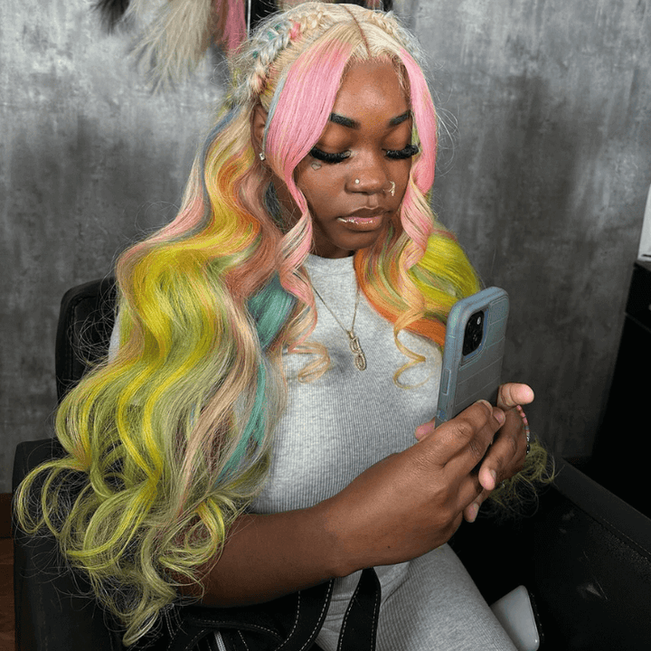 SZC Rainbow Multi Color Pink Yellow Blue Green Ginger Human Hair Wigs
