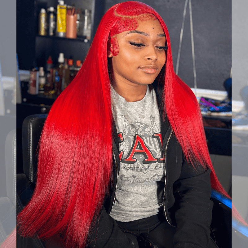SZC Red Color Bone Straight 200 Density 13x4 Lace Front Human Hair Wig