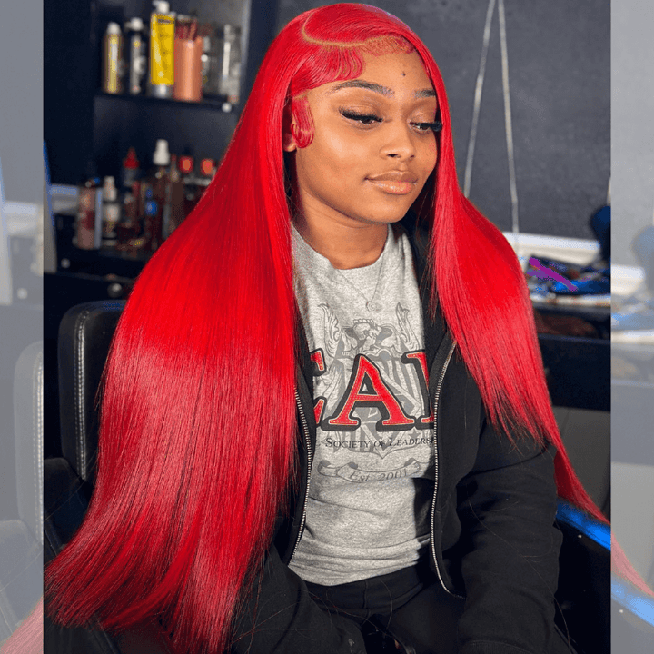 SZC Red Color Bone Straight 200 Density 13x4 Lace Front Human Hair Wig