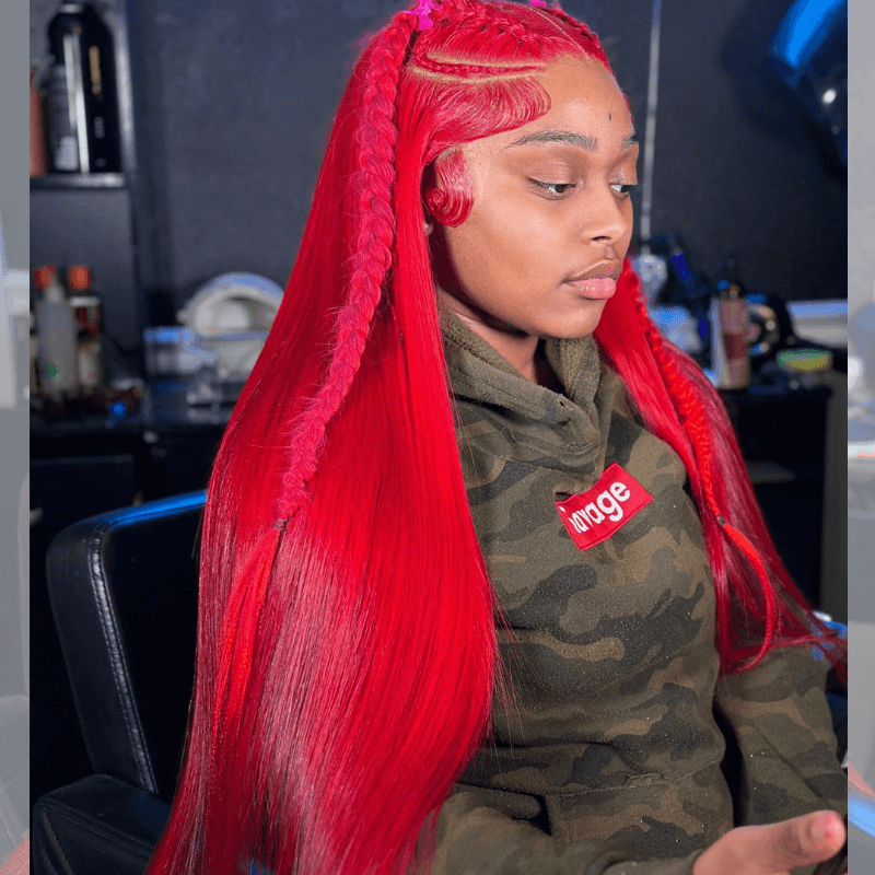 SZC Red Color Bone Straight 200 Density 13x4 Lace Front Human Hair Wig