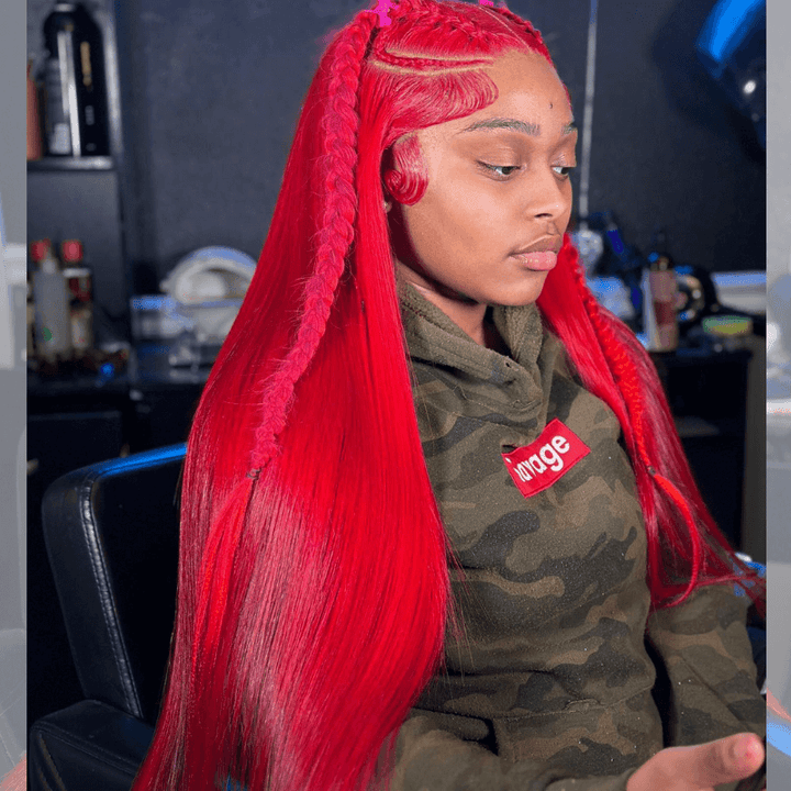 SZC Red Color Bone Straight 200 Density 13x4 Lace Front Human Hair Wig