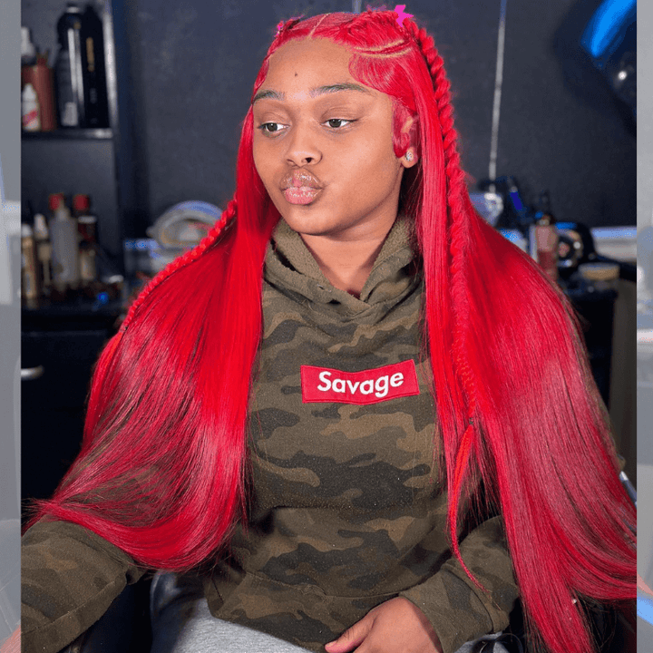 SZC Red Color Bone Straight 200 Density 13x4 Lace Front Human Hair Wig