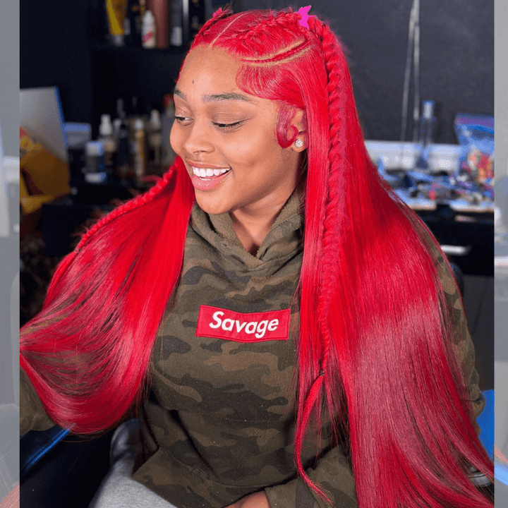 SZC Red Color Bone Straight 200 Density 13x4 Lace Front Human Hair Wig