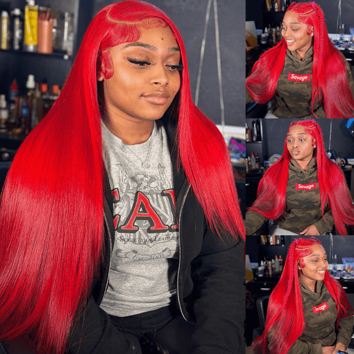 SZC Red Color Bone Straight 200 Density 13x4 Lace Front Human Hair Wig