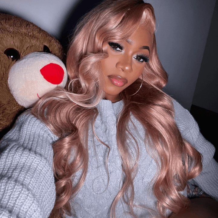 SZC Rose Gold Pink Color Blonde Skunk Stripe Lace Frontal Human Hair Wig