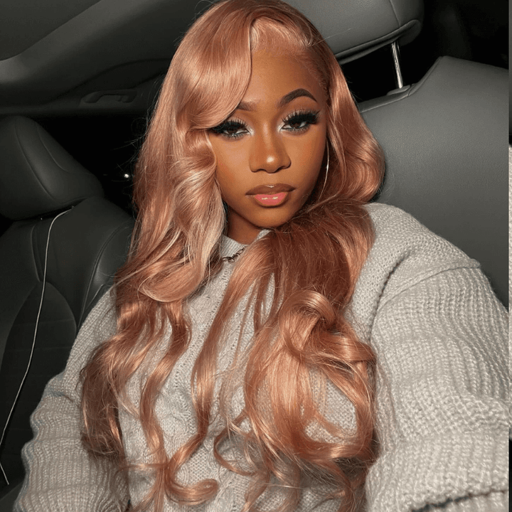 SZC Rose Gold Pink Color Blonde Skunk Stripe Lace Frontal Human Hair Wig