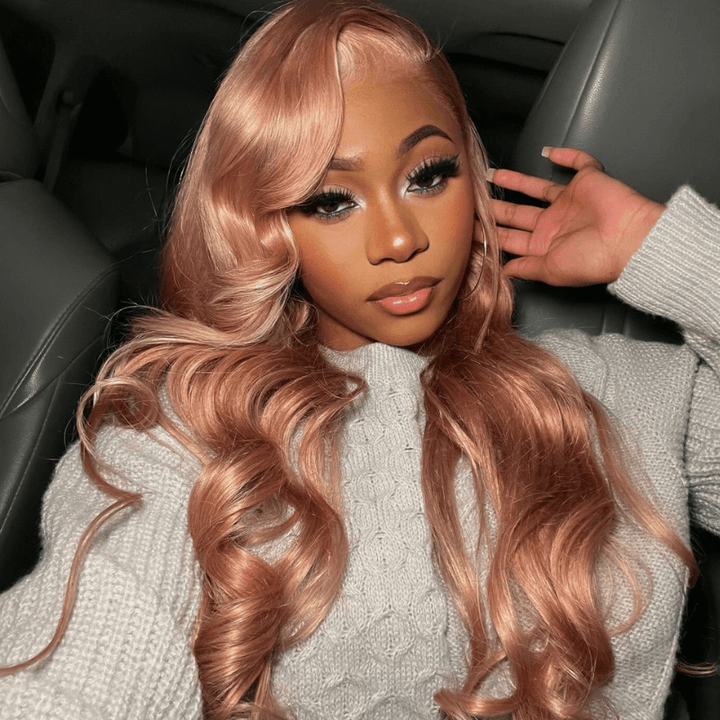 SZC Rose Gold Pink Color Blonde Skunk Stripe Lace Frontal Human Hair Wig