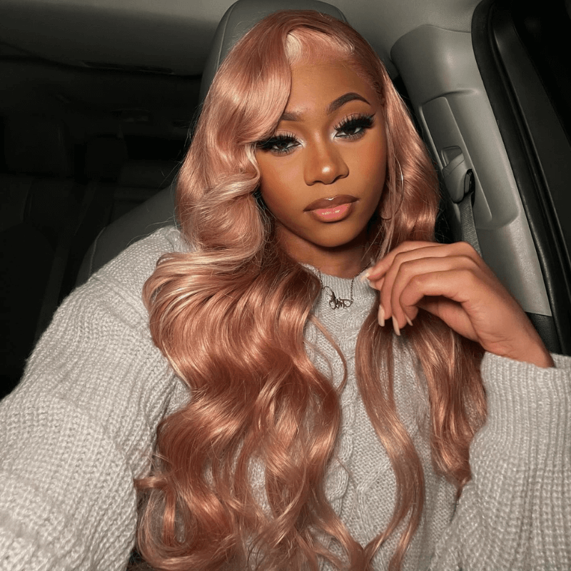 SZC Rose Gold Pink Color Blonde Skunk Stripe Lace Frontal Human Hair Wig