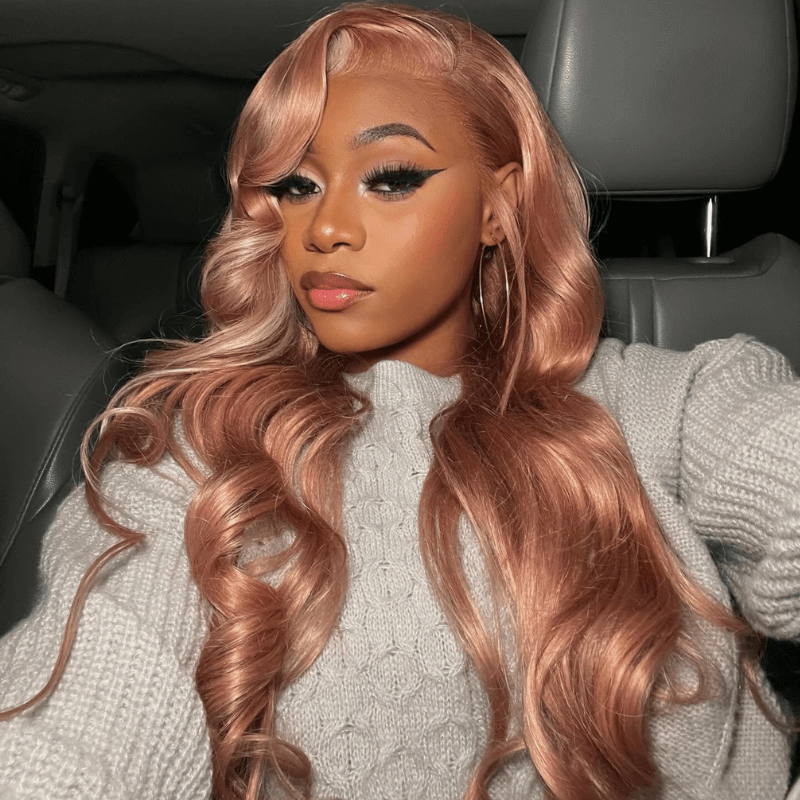 SZC Rose Gold Pink Color Blonde Skunk Stripe Lace Frontal Human Hair Wig