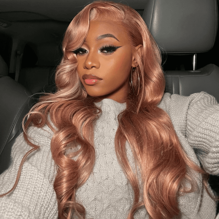 SZC Rose Gold Pink Color Blonde Skunk Stripe Lace Frontal Human Hair Wig