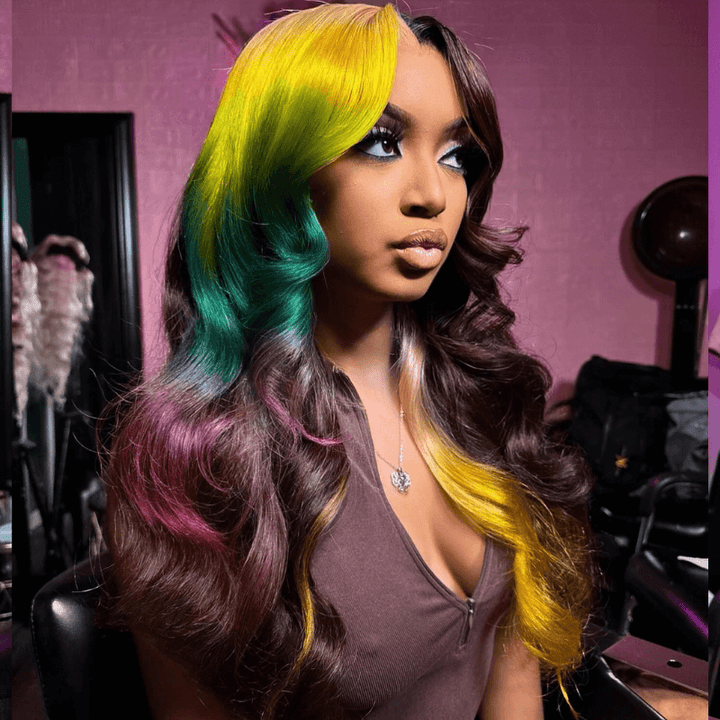 SZC Split Dye Ombre Yellow Green Red Brown Lace Front Human Hair Wigs