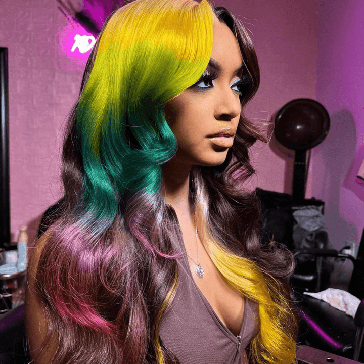 SZC Split Dye Ombre Yellow Green Red Brown Lace Front Human Hair Wigs
