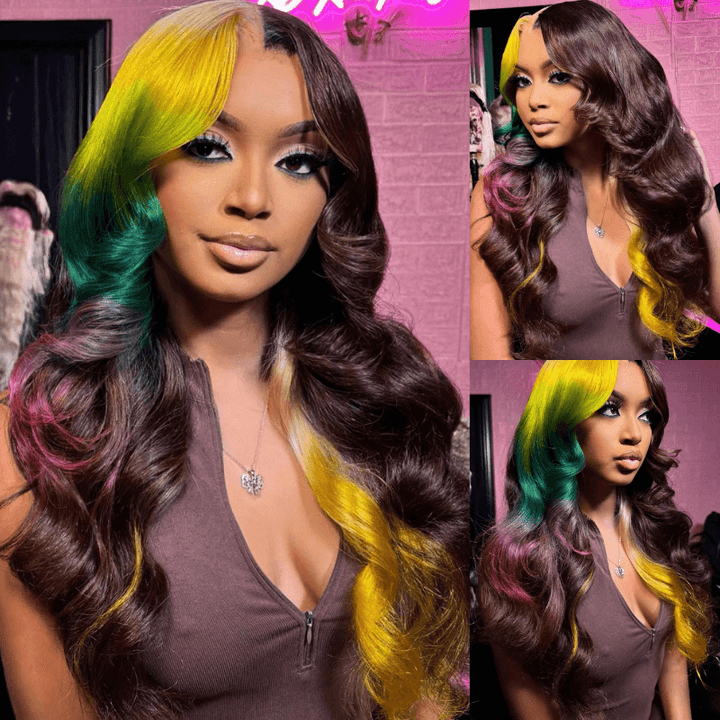 SZC Split Dye Ombre Yellow Green Red Brown Lace Front Human Hair Wigs