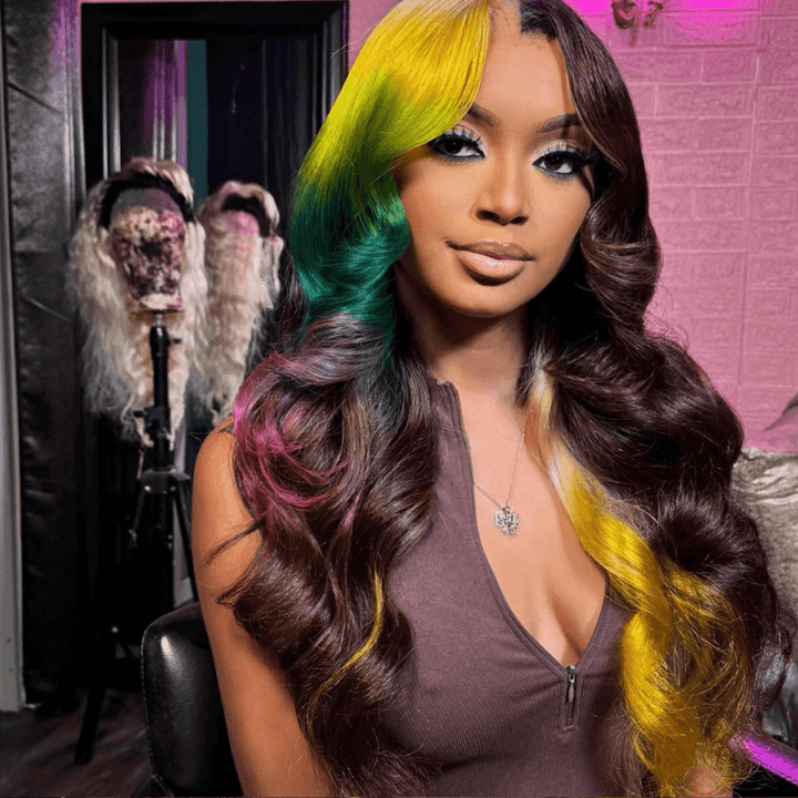 SZC Split Dye Ombre Yellow Green Red Brown Lace Front Human Hair Wigs