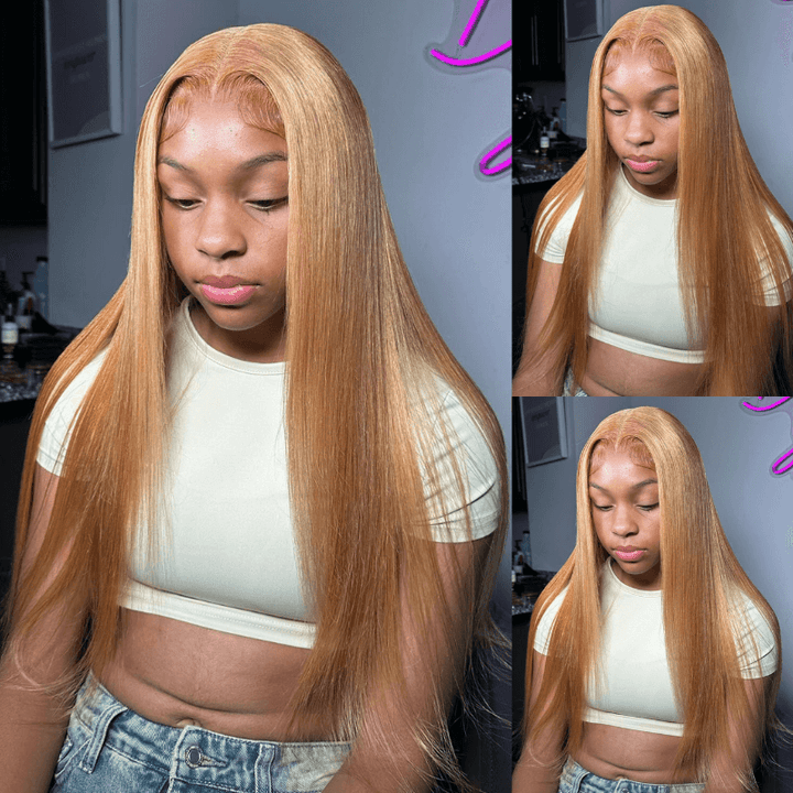 SZC Strawberry Honey Blonde Bone Straight HD Lace Front Human Hair Wig
