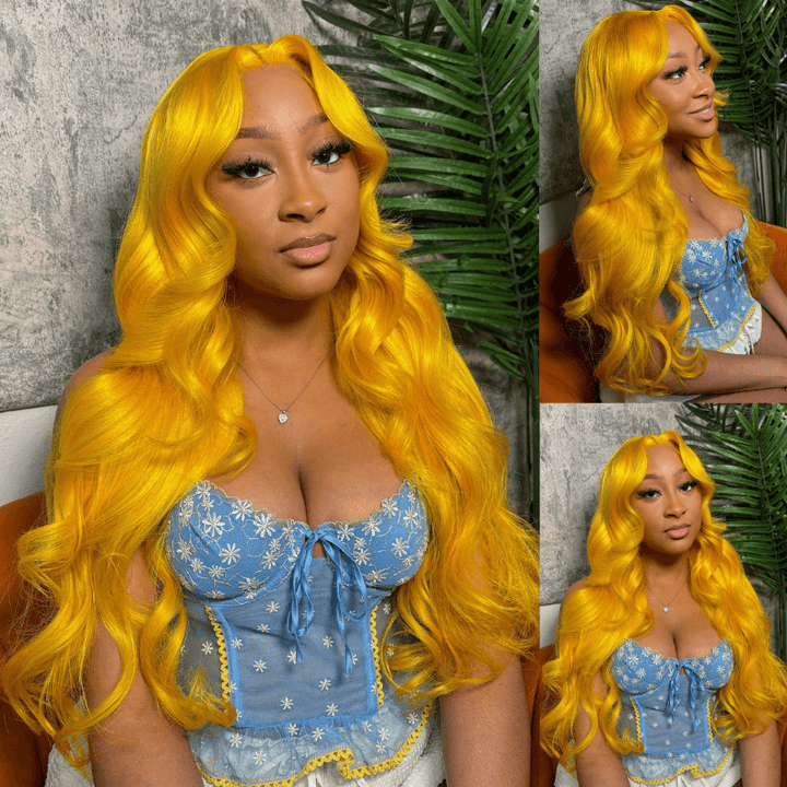 SZC Yellow Color 200 Density 13X4 Lace Front Body Wave Human Hair Wig