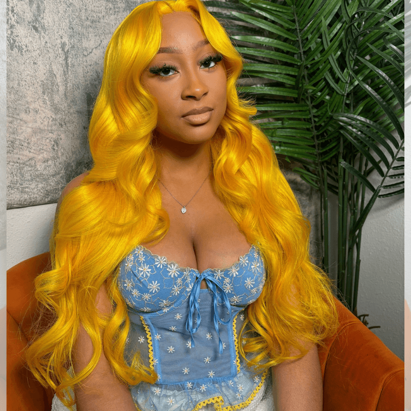 SZC Yellow Color 200 Density 13X4 Lace Front Body Wave Human Hair Wig