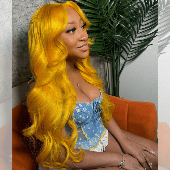 SZC Yellow Color 200 Density 13X4 Lace Front Body Wave Human Hair Wig