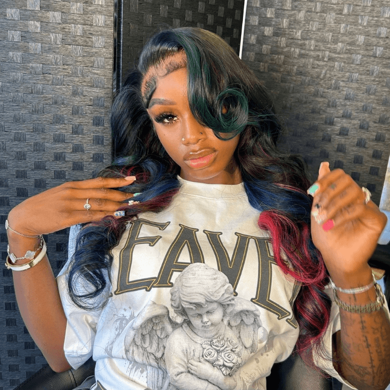 SZC 200 Density Black With Blue Red Highlight 13x4 Lace Front Virgin Human Hair Wigs