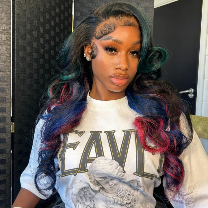 SZC 200 Density Black With Blue Red Highlight 13x4 Lace Front Virgin Human Hair Wigs
