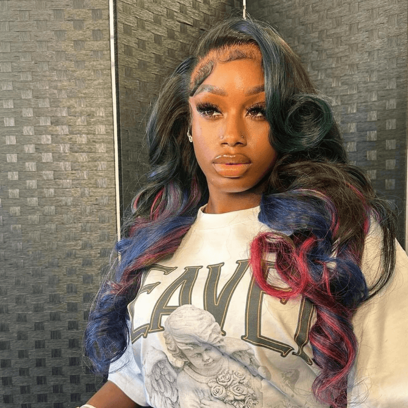 SZC 200 Density Black With Blue Red Highlight 13x4 Lace Front Virgin Human Hair Wigs