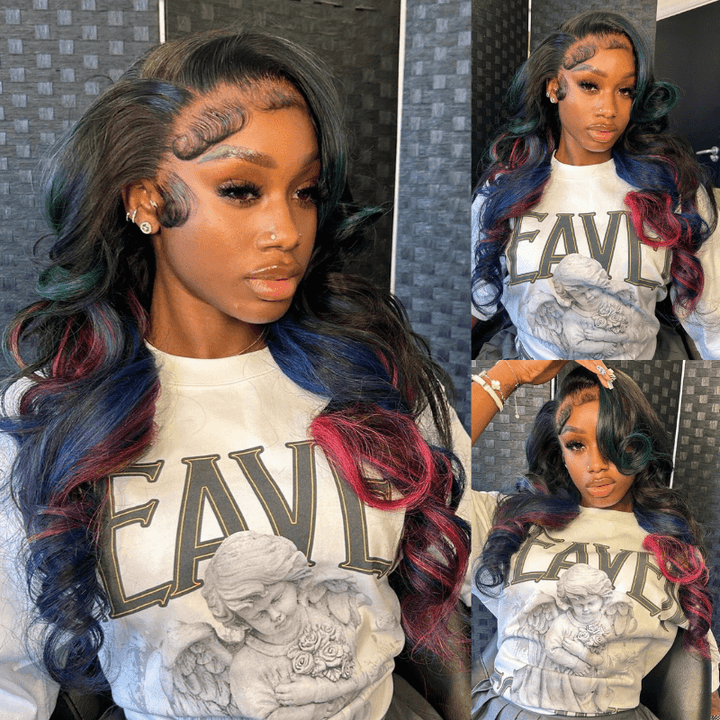 SZC 200 Density Black With Blue Red Highlight 13x4 Lace Front Virgin Human Hair Wigs