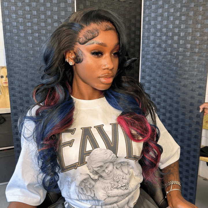 SZC 200 Density Black With Blue Red Highlight 13x4 Lace Front Virgin Human Hair Wigs