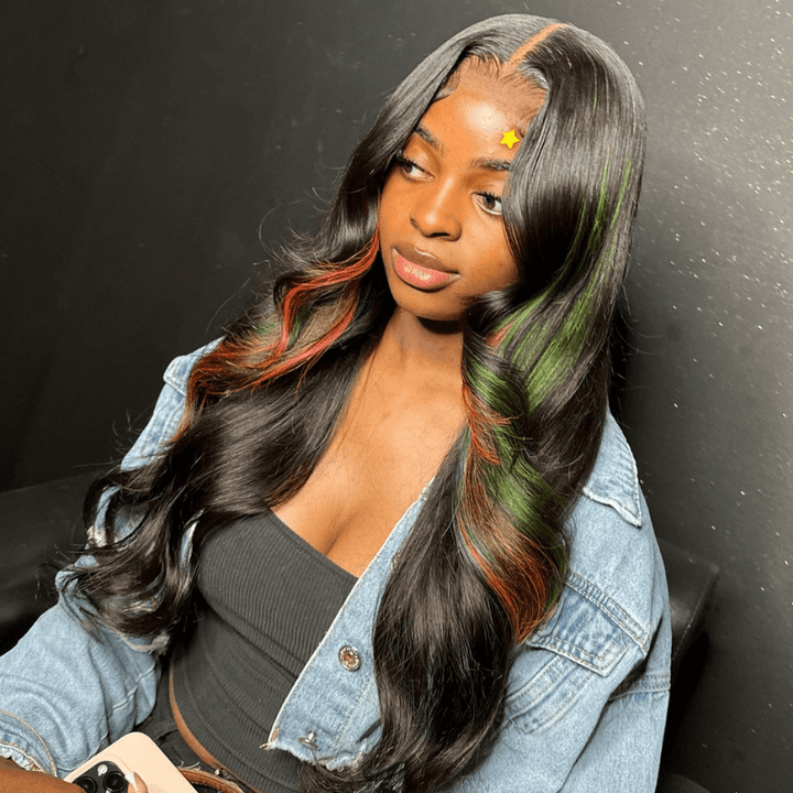 SZC 200 Density Black With Green Red Highlight 13x4 Lace Front Virgin Human Hair Wigs