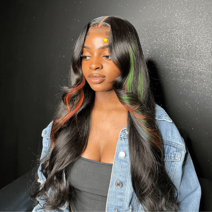 SZC 200 Density Black With Green Red Highlight 13x4 Lace Front Virgin Human Hair Wigs