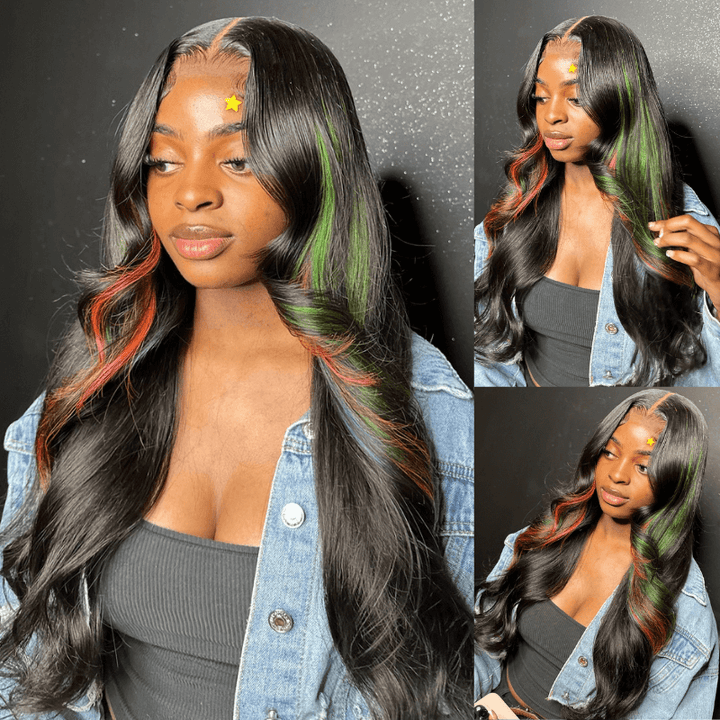 SZC 200 Density Black With Green Red Highlight 13x4 Lace Front Virgin Human Hair Wigs