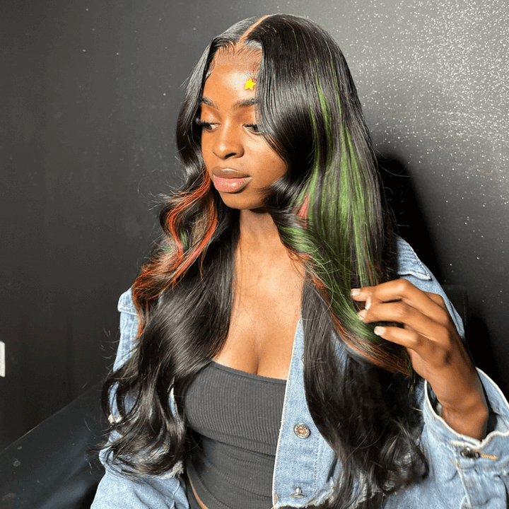 SZC 200 Density Black With Green Red Highlight 13x4 Lace Front Virgin Human Hair Wigs