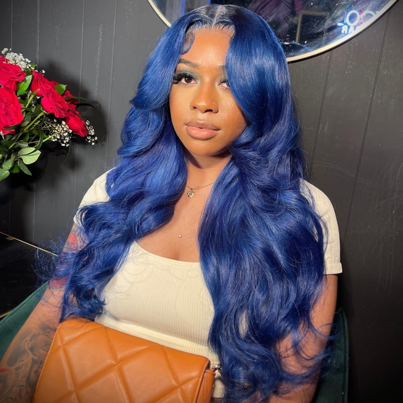 SZC 200 Density Blue Color Body Wave 13x4 HD Lace Front Human Hair Wig