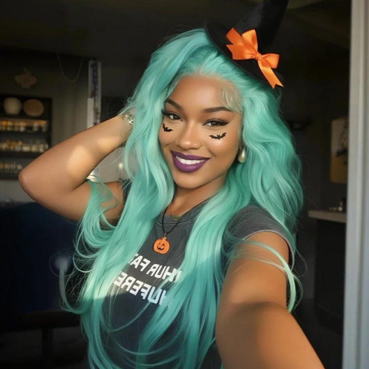 SZC Halloween Cosplay 200 Density Pastel Green Virgin Human Hair Wigs