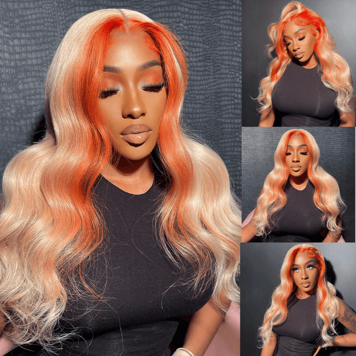 SZC 200 Density Ginger Orange Skunk Stripe 13x4 Lace Front Human Hair Wigs