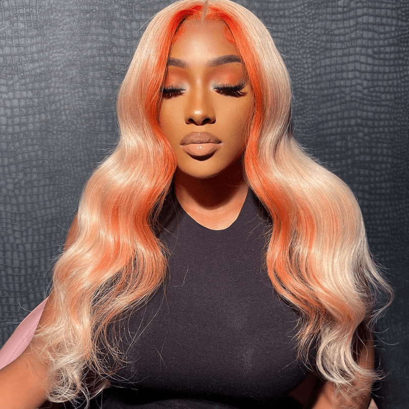 SZC 200 Density Ginger Orange Skunk Stripe 13x4 Lace Front Human Hair Wigs