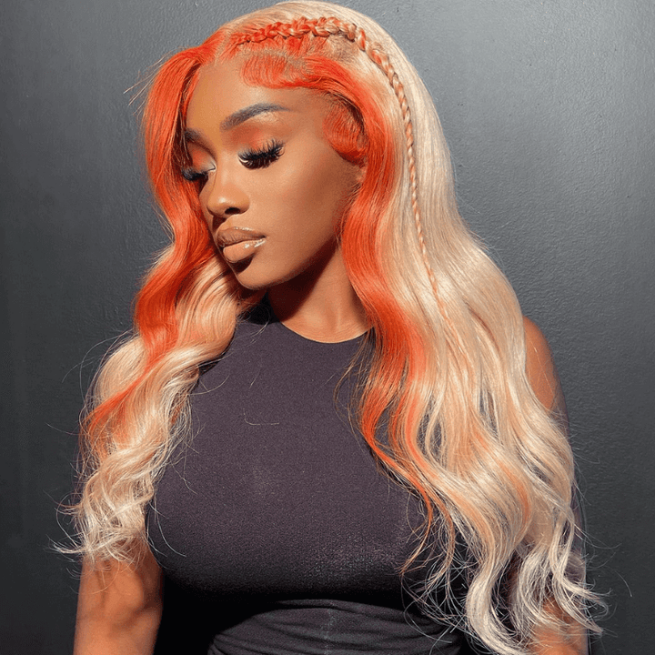 SZC 200 Density Ginger Orange Skunk Stripe 13x4 Lace Front Human Hair Wigs