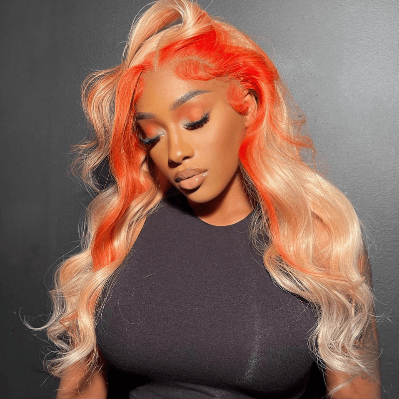 SZC 200 Density Ginger Orange Skunk Stripe 13x4 Lace Front Human Hair Wigs