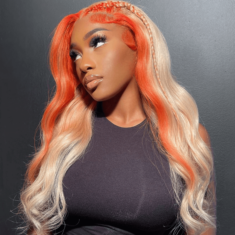 SZC 200 Density Ginger Orange Skunk Stripe 13x4 Lace Front Human Hair Wigs